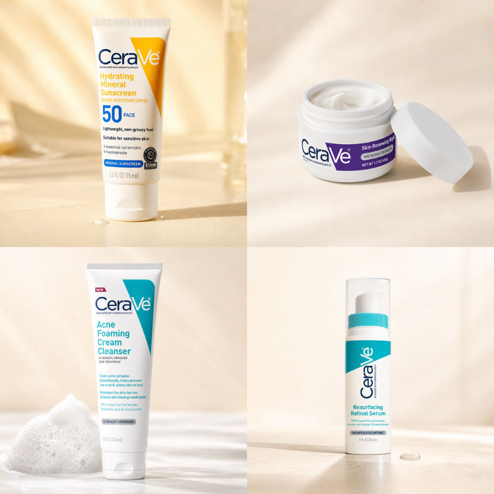 CeraVe Complete Skincare Combo Kit – SPF 50 Sunscreen, Acne Cleanser, Retinol Serum & Night Cream