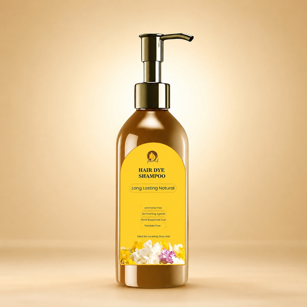 Floral Natural Black Hair Dye Shampoo 200ml – Ammonia-Free Herbal Gray Coverage with Ginseng & Fo-Ti