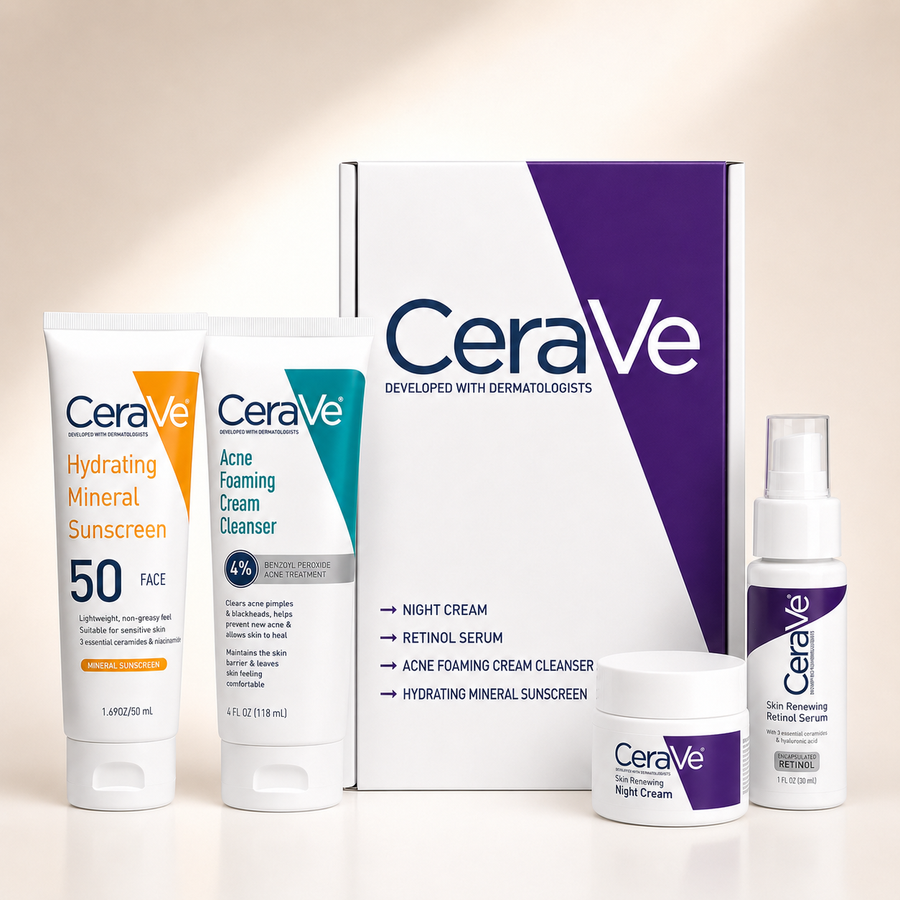 CeraVe Complete Skincare Combo Kit – SPF 50 Sunscreen, Acne Cleanser, Retinol Serum & Night Cream