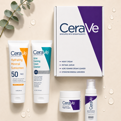 CeraVe Complete Skincare Combo Kit – SPF 50 Sunscreen, Acne Cleanser, Retinol Serum & Night Cream