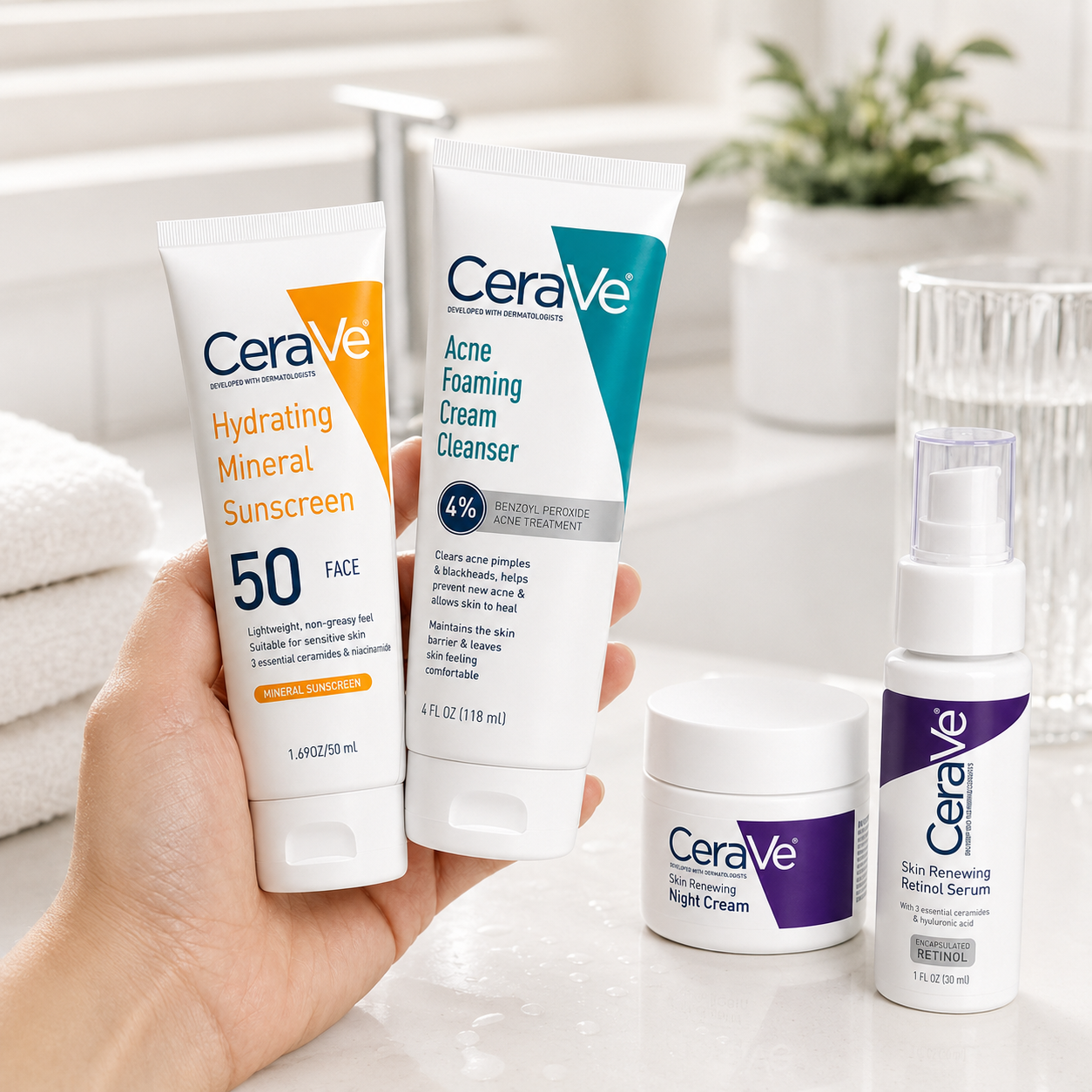 CeraVe Complete Skincare Combo Kit – SPF 50 Sunscreen, Acne Cleanser, Retinol Serum & Night Cream